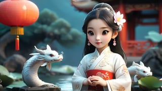 A Chinese girl is wearing a white Hanfu dress, and her figure is vaguely visible. China is ancient. Moon, pavilion, lotus and pond. Several koi fish, fairies,dragon