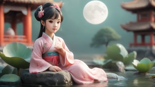 A Chinese girl is wearing a pink Hanfu dress, and her figure is vaguely visible. China is ancient. Moon, pavilion, lotus and pond. Several koi fish, fairies