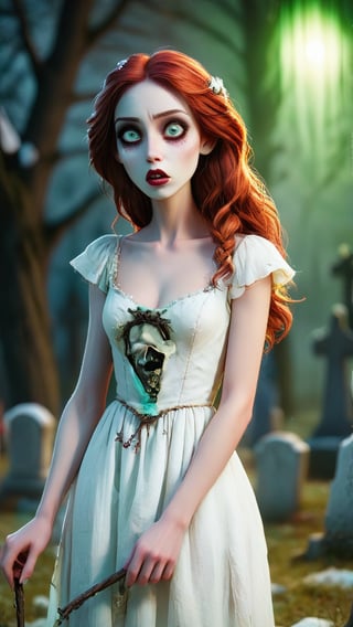 1. Bone Banshee
o Description: A woman as pale as snow and as skinny as a stick, wearing a shabby white gauze dress, standing in a dim cemetery. The empty eye sockets on her face emitted a strange green light, and her mouth made a chilling sharp sound. Screams.
o Prompt words: frightening, scary