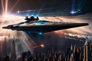 a massive stardestroyer moving above Manhattan New York, (((centered image, hyper realistic, midnight aura, ominous, dark moody lighting, dreamy, glowing, glamour, glimmer, shadows, smooth, ultra high definition, 8k, ultra sharp focus, intricate artwork, matte painting))), 