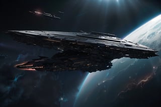 a starship moving through deep space, (((centered image, hyper realistic, midnight aura, ominous, dark moody lighting, dreamy, glowing, glamour, glimmer, shadows, smooth, ultra high definition, 8k, ultra sharp focus, intricate artwork, matte painting)))