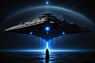 In a breathtakingly detailed scene, the imposing Imperial Super Stardestroyer The Doombringer, its symmetry and sheer scale emphasized by the planet's distant presence, dominates the frame. Soft, ethereal space lighting bathes the ship in a dreamlike glow, accentuating its razor-sharp contours and casting subtle shadows that add depth to the 8K ultra-high definition image. Darth Nox stands poised at the edge of the frame, her figure seemingly ready to plunge into the star-studded indigo expanse, where delicate gradations of light paint a celestial canvas. ((three quarter side view))