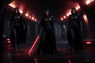 A mesmerizing, hyper-realistic portrait of Darth Nox, female Grand Inquisitor and Lord of the Sith, stands at the center of the frame, bathed in a pool of diffused backlight casting a warm, dreamy glow on her face. The dark, moody hallway of a Star Destroyer's interior provides a somber backdrop for this stunning study in darkness. Her double-bladed pole saber is gripped in her left hand horizontally to the floor, its crimson hue reflecting off the smooth walls and near-floor lighting, creating an eerie ambiance. The subject is posed in combat meditation, exuding confidence and power as she stands tall, with intricate details of her armor and surroundings rendered in ultra-high definition (8K) and sharp focus, resembling a masterpiece of photorealistic art.