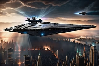 a massive stardestroyer moving above Manhattan New York, (((centered image, hyper realistic, midnight aura, ominous, dark moody lighting, shadows, smooth, ultra high definition, 8k, ultra sharp focus, intricate artwork, matte painting))),