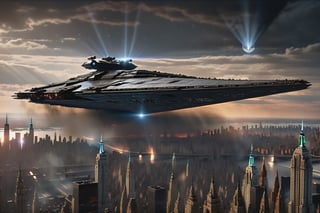 a massive stardestroyer moving above Manhattan New York, (((centered image, hyper realistic, midnight aura, ominous, dark moody lighting, shadows, smooth, ultra high definition, 8k, ultra sharp focus, intricate artwork, matte painting))),