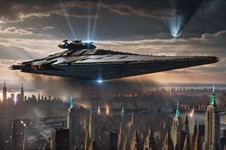 a massive stardestroyer moving above Manhattan New York, (((centered image, hyper realistic, midnight aura, ominous, dark moody lighting, shadows, smooth, ultra high definition, 8k, ultra sharp focus, intricate artwork, matte painting))),