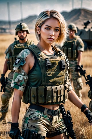 girl, pretty face, short hair, blonde hair, (photo reality: 1.3) , Edge lighting, (high detail skin: 1.2) , hdr, 4k, 8k, highly detailed, sharp focus, realistic, high quality, A beautiful soldier girl wearing camouflage military equipment, combat gloves, AR-15, on the battlefield, front line, with sacrificed comrades, beautiful, but he is angry, eyes full of murder, best quality, full body portrait, real picture, complex Detail, depth of field, Fujifilm XT3, beautiful lighting, RAW photos, 8k Ultra HD, film grain, dark tones, moody.,jisoo