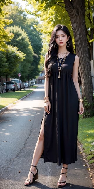 1girl, solo, indian girl long hair, looking at viewer, black hair, dress, jewelry, standing, full body, earrings, outdoors, day, black dress, bracelet, tree, sandals, walking, hand in pocket, realistic, road, photo background