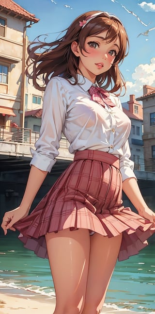 1girl, solo, looking at viewer, brown hair, outdoors, sky, lips, building, realistic , shot from below, nsfw, love live!,skirt,pastel, water color, fashion model,vintage, skirt blowup with wind, lace panties, underwears, hentai