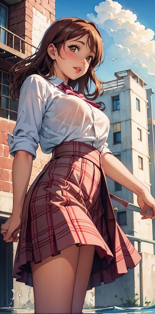 1girl, solo, looking at viewer, brown hair, outdoors, sky, lips, building, realistic , shot from below, nsfw, love live!,skirt,pastel, water color, fashion model,vintage, skirt blowup with wind