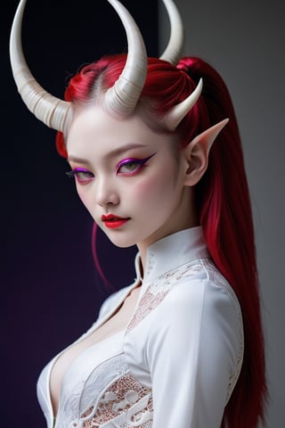 Beautiful Girl,Korea Face Structure, Realistic, Carved Porcelain cyborg albino Demons Woman, (Long Intricate Horns:1.7),Purple and Red Horn, High Details Balck Eyes, Actions Moods, Stand proud on the Floor, Sexy Post, Glamor body type, lace Clothes, White Hightec Crop Jacket, Black Sexy cheongsam, Show more body and skin, Weapon and Techwear, Minimal Color with Half Color with White Background, Serious Face, Ultra Focus, Ultra 8K, Photo Realistic, Beautymix, FilmGirl
,girl,Beautiful