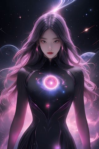 an amazing 3D anime-style illustration with beautiful woman, ultra detail, broken robot matirial arrow the space, where a galactic nebula takes the form of a giant male figure. With a splendid play of black and violet-pink colors, this cosmic entity gracefully unfolds its arms, shaping and creating new solar systems in the vast universe. woman si-fi dress, korea face structure. The male silhouette highlights the majesty and power of this galactic being while bringing cosmic creation to life with elegant and determined movements, rainbow flare and lighting.

,xyzabcplanets,Celestial Skin ,Beautiful