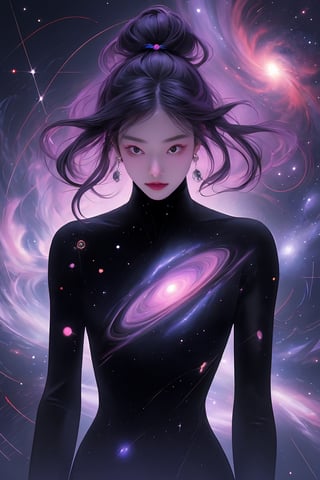 an amazing 3D anime-style illustration with beautiful woman, true woman anatomy, ultra detail, robot matirial arrow the space, where a galactic nebula takes the form of a giant male figure. With a splendid play of black and violet-pink colors, this cosmic entity gracefully unfolds its arms, shaping and creating new solar systems in the vast universe. woman si-fi dress, korea face structure. The male silhouette highlights the majesty and power of this galactic being while bringing cosmic creation to life with elegant and determined movements, rainbow flare and lighting.

,xyzabcplanets,Celestial Skin ,Beautiful