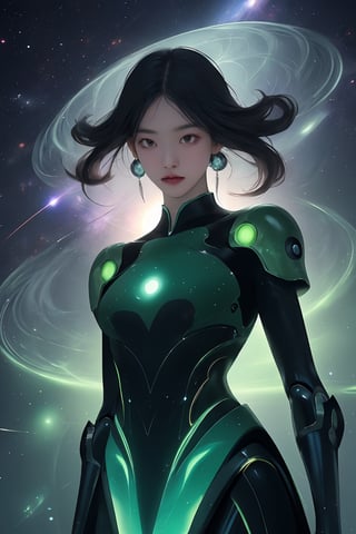 an amazing 3D anime-style illustration with beautiful woman, raodom posting, true woman anatomy, ultra detail, robot matirial arrow the space, where a galactic nebula takes the form of a giant male figure. With a splendid play of black and green-lime colors, this cosmic entity gracefully unfolds its arms, shaping and creating new solar systems in the vast universe. woman si-fi dress, korea face structure. The male silhouette highlights the majesty and power of this galactic being while bringing cosmic creation to life with elegant and determined movements, rainbow flare and lighting.

,xyzabcplanets,Celestial Skin ,Beautiful