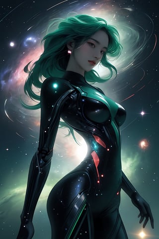 an amazing 3D anime-style illustration with beautiful woman, raodom posting, true woman anatomy, ultra detail, robot matirial arrow the space, where a galactic nebula takes the form of a giant male figure. With a splendid play of black and green-lime colors, this cosmic entity gracefully unfolds its arms, shaping and creating new solar systems in the vast universe. woman si-fi dress, korea face structure. The male silhouette highlights the majesty and power of this galactic being while bringing cosmic creation to life with elegant and determined movements, rainbow flare and lighting.

,xyzabcplanets,Celestial Skin ,Beautiful