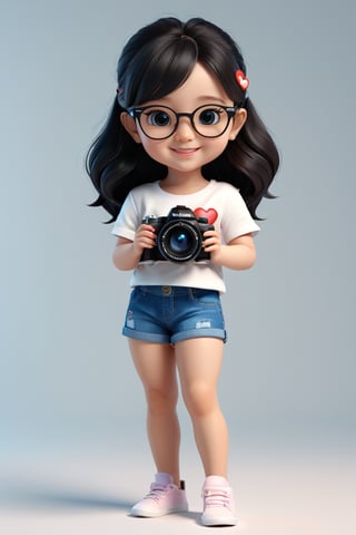 A Cute cartoon style of a baby girl With a SLR camera in his hand, the camera in his hand,with a smile on the front, wearing a white crop top with the text "TIANXIASHEIRENBUSHIJUN" in a heart shape and dark hair, wearing glasses, fashion, text 3D rendering, product, cinematic, fashion, anime, 3d render, poster, photo, painting, illustration, typography