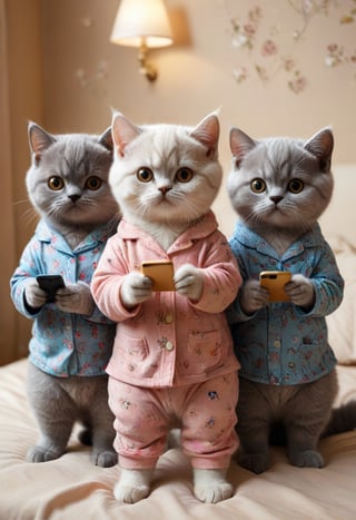 three cute British shorthair kittens wearing pajamas and holding phones in their hands, sitting on the bed watching TV in soft light with warm colors in the style of high definition photography. Cute expressions with a warm bedroom background and warm color tones with soft lighting and cute facial features.
