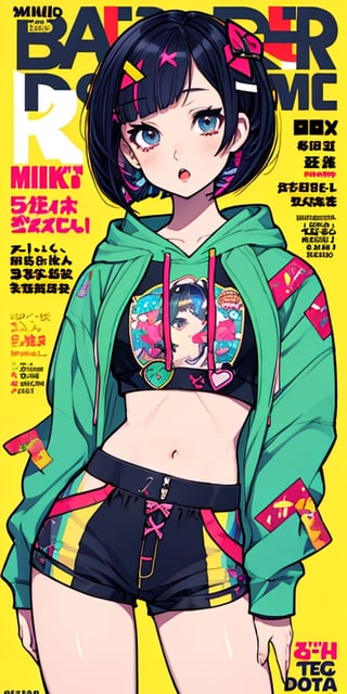 punk girl, short hair, (bob cut hair, laying), detailed background, (pop art, decora art style, doodle art), (hair accessories, ribbons), (cropped hoodie, shorts, midriff), accessories, body stickers, ((perfect legs, contrapposto)), ,, multicolored hair, streaked hair, mksks style, , (tired eyes, open mouth), dynamic angle, (magazine cover, text),mika pikazo,SharpEyess