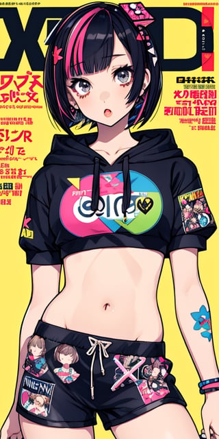 punk girl, short hair, (bob cut hair, laying), detailed background, (pop art, decora art style, doodle art), (hair accessories, ribbons), (cropped hoodie, shorts, midriff), accessories, body stickers, ((perfect legs, contrapposto)), ,, multicolored hair, streaked hair, mksks style, , (tired eyes, open mouth), dynamic angle, (magazine cover, text),mika pikazo,SharpEyess
