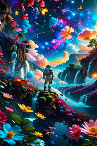 ((1 man)),Astronauts,Focus on Men,Airplane cloud made of flowers,Magic flowers Forest,starry Night sky, moon, fireflies, waterfalls, 
(Masterpiece, Best Quality, 8k:1.2), (Ultra-Detailed, Highres, Extremely ,Strong Backlit Particles,astronaut_flowers