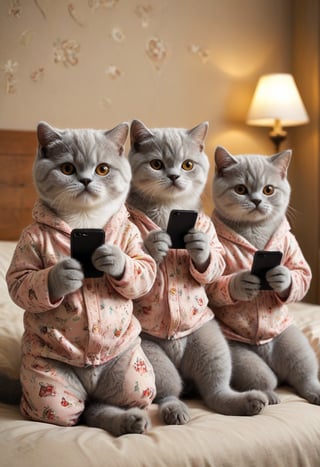 three cute British shorthair kittens wearing pajamas and holding phones in their hands, sitting on the bed watching TV in soft light with warm colors in the style of high definition photography. Cute expressions with a warm bedroom background and warm color tones with soft lighting and cute facial features.
