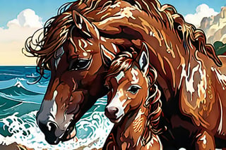 Create a highly detailed, 8K resolution illustration, Renaissance-style . A mare and her newborn foal. In an island shore.,Enhance,Movie Poster. The mare licks the foal. Mare interacts with foal. Mare bends his neck and touches the foal head. Extreme texture skin, detailed hair.  mare licking the foal.