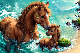 Create a highly detailed, 8K resolution illustration, Renaissance-style . A mare and her newborn foal. In an island shore.,Enhance,Movie Poster. The mare licks the foal. Mare interacts with foal. Mare bends his neck and touches the foal head. Extreme texture skin, detailed hair.  mare licking the foal