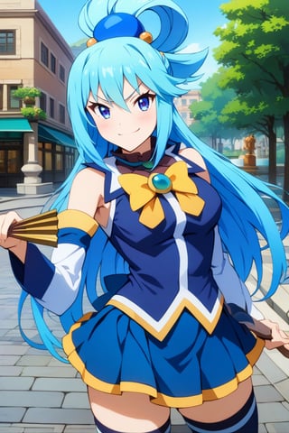 solo, 1girl, long hair, blue eyes, blue hair, hair ornament, smirk, looking at viewer, holding fan, hand fan, hair rings, v-shaped eyebrows, dark 
dark blue shirt, bow, detached sleeves, skirt, thighhighs, bare shoulders, outdoors, city street, fountain, (AquaXL)
