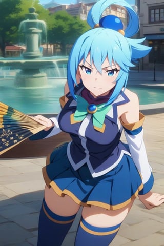 solo, 1girl, long hair, blue eyes, blue hair, hair ornament, smug, smirk, looking at viewer, holding fan, hand fan, hair rings, v-shaped eyebrows, dark blue shirt, bow, detached sleeves, skirt, thighhighs, bare shoulders, outdoors, city street, fountain, (AquaXL)