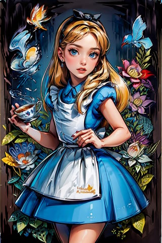 1 girl, blue dress, white apron, black hairband, garden tea party, extremely detailed, incredible details, full colored), complex details, hyper maximalist, detailed decoration, masterpiece, best quality, looking at the camera, fair skin, beautiful face, AliceWonderlandWaifu,Nice legs and hot body