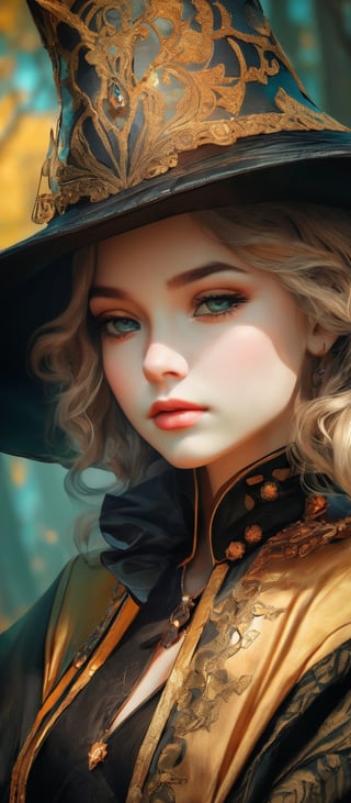 a gorgeous, provocative, wise, smart witch girl, resting chin on hand, fashionable black and gold robe, witch hat, background woods, intricate details, by (Anna Dittmann). (Cinematic lighting, ethereal light, intricate details, extremely detailed, incredible details, full colored), complex details, hyper maximalist, gorgeous light and shadow, detailed decoration, detailed lines. masterpiece, best quality, HDR, UHD, unreal engine. looking at the camera, fair skin, beautiful face, beautiful eyes, perfect eyes, detailed eyes, beautiful nose, super wide angle, high angle, high color contrast, (colorful:1.4), far away shot, 