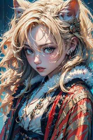 A cool girl with long blonde hair, wearing a fancy ornate (red and white) dress that combines a kimono and a fur cape, miniskirt, intricate details, extremely detailed, incredible details, full colored, complex details, hyper maximalist, detailed decoration, detailed lines. masterpiece, best quality, HDR, UHD,SharpEyess