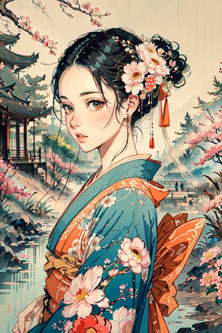 A girl, wearing kimono, Japanese traditional garden, a sakura tree, flowers, daytime, negative space, (Cinematic lighting, ethereal light, intricate details, extremely detailed, incredible details, full colored), complex details, hyper maximalist, gorgeous light and shadow, detailed decoration, detailed lines. masterpiece, best quality, HDR, UHD, unreal engine. looking at the camera, fair skin, beautiful face,A Traditional Japanese Art,