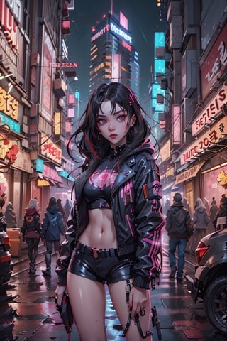 (Night city) photo, cyberpunk style, a girl wearing black hoodie and leather jacket, long hair, straight hair, standing, urban, neon, cowboy shot, (Cinematic lighting, ethereal light, intricate details, extremely detailed, incredible details, full colored), complex details, hyper maximalist, gorgeous light and shadow, detailed decoration, detailed lines. masterpiece, best quality, HDR, UHD, unreal engine. looking at the camera, fair skin, beautiful face,Cyberpunk,neon background