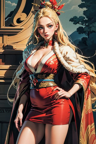 A girl with long blonde hair, wearing a fancy ornate red and white dress that combines a kimono and a fur cape, miniskirt, (scenery). intricate details, extremely detailed, incredible details, full colored, complex details, hyper maximalist, detailed decoration, detailed lines. masterpiece, best quality, HDR, UHD,