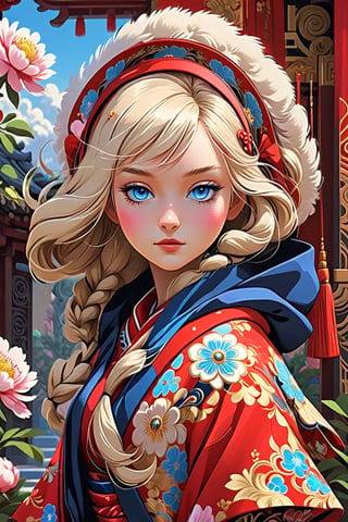1 seductive, mature woman with blonde hair, and blue eyes, with detailed ornate fur hooded kimono, red hooded kimono, miniskirt, fantasypunk. She is noble and elegant, just like a blooming peony.(masterpiece, top quality, best quality, official art, beautiful and aesthetic:1.2), (1girl:1.4), portrait, extreme detailed, (fractal art:1.12), (colorful:1.1), highest detailed, (aristocracy:1.1),scenery, full_body ,Flat vector art, Cyberpunk Fantasy,disney pixar style,(anime),niji style,ghibli