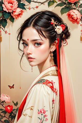 A girl, wearing hanfu, peony garden, butterfly, (negative space:1.4), fusion of art nouveau styles with gongbi painting, gold and white and red hue, Mucha style, (Cinematic lighting, ethereal light, intricate details, extremely detailed, incredible details, full colored), complex details, hyper maximalist, gorgeous light and shadow, detailed decoration, detailed lines. masterpiece, best quality, HDR, UHD, unreal engine. looking at the camera, fair skin, beautiful face,