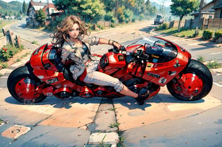 A glamorous woman astride a powerful motorcycle, cruising through picturesque countryside landscapes. Her sleek white leather jacket and pants gleams in the sunlight, while her flowing hair dances in the wind. Surrounding her are rolling hills, lush green fields, and winding country roads, creating a stunning backdrop for her adventurous journey. (masterpiece, top quality, best quality, official art, beautiful and aesthetic:1.2), (1girl:1.4), blonde hair, extreme detailed, highest detailed, highres, natural volumetric lighting and best shadows, highly detailed face, highly detailed facial features,  ((1 girl on motorcycle )), Detailedface, prefect detail, krsbk,Camila Noceda