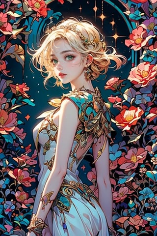 Art nouveau illustration of 1girl, masterpiece,best quality,ultra-detailed,High detailed,picture-perfect face, (celtic maiden),((wearing white godess dress trimmed with celtic symbols)), ornate, intricate, delicate, long legs, goddess,charming, alluring, seductive, enchanting,in the garden, colorful, vibrant colors, portrait, sparkling beautiful eyes, blue eyes, blonde hair, flowers, elaborate scene style, glitter, orange, realistic style, 8k,exposure blend, medium shot, bokeh, (hdr:1.4), high contrast, (cinematic, teal and orange:0.85), (muted colors, dim colors, soothing tones:1.3), low saturation, (hyperdetailed:1.2), perfect hands, perfect fingers, photorealistic, cinematic and dramatic back lighting, darl background, green theme,