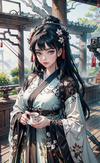 a girl, blossoms. mist and fog, smokey swirls, myhanfu,ancient_beautiful,ancient_chinese_indoors