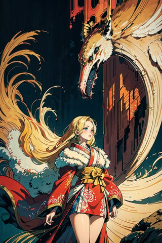 A girl with long blonde hair, wearing a fancy ornate red and white dress that combines a kimono and a fur cape, miniskirt, (scenery). intricate details, extremely detailed, incredible details, full colored, complex details, hyper maximalist, detailed decoration, detailed lines. masterpiece, best quality, HDR, UHD,