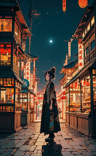 Ghibli anime style, "Spirited Away" style. A girl in a dark night market, with illuminated by warm lights. The whole atmosphere seems mysterious. (Cinematic lighting, ethereal light, intricate details, extremely detailed, incredible details, full colored), complex details, hyper maximalist, gorgeous light and shadow, detailed decoration, detailed lines. masterpiece, best quality, HDR, UHD, unreal engine. looking at the camera, fair skin, beautiful face, guochao,