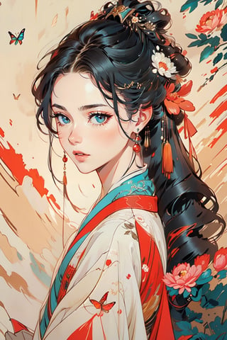  A girl, wearing hanfu, peony garden, butterfly, (negative space:1.4), gold and white and red hue, white background, (Cinematic lighting, ethereal light, intricate details, extremely detailed, incredible details, full colored), complex details, hyper maximalist, gorgeous light and shadow, detailed decoration, detailed lines. masterpiece, best quality, HDR, UHD, unreal engine. looking at the camera, fair skin, beautiful face,Colors