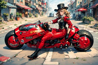 Amidst the industrial backdrop of a bustling city, a steampunk lady rides a (motorcycle) through the steam-filled (Victorian streets:1.4), a symbol of innovation and resilience in a world powered by steam and ingenuity. She rides confidently, adorned in intricate gears, brass goggles, and a corseted jacket. Corseted bodice and lace-trimmed bustle skirt. leather gloves, top hat, dteampunk vehicle, ancient city, (masterpiece, top quality, best quality, official art, beautiful and aesthetic:1.2), (1girl:1.4), blonde hair, extreme detailed, highest detailed, highres, natural volumetric lighting and best shadows, highly detailed face, highly detailed facial features,  ((1 girl on motorcycle )), Detailedface,[prefect detail (steampunk style Motorcycle)],sprbk,krsbk,Camila Noceda