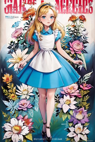 1 girl, blue dress, white apron, black hairband, garden tea party, pastel colors, extremely detailed, incredible details, full colored), complex details, hyper maximalist, detailed decoration, masterpiece, best quality, looking at the camera, fair skin, beautiful face, AliceWonderlandWaifu,Nice legs and hot body,magazine cover