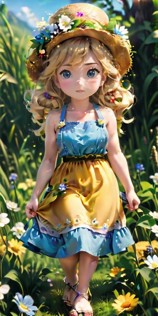 1 girl, shepherdess, has soft, curly golden hair that shines as bright as the sun. She wears a simple yet beautiful dress made of soft blue fabric adorned with delicate flower patterns. Tied around the waist is a light yellow apron embroidered with intricate designs. Her footwear consists of comfortable leather sandals, perfect for running joyfully in the grass. On her head, she wears a rustic straw hat adorned with a pristine wool flower, adding a touch of warmth and charm. Her face is always adorned with a gentle smile, like a flower in the sunshine of spring, emitting an aura of simplicity and warmth. (masterpiece, top quality, best quality, official art, beautiful and aesthetic:1.2), (1girl:1.4), colorful, vibrant colors, blonde hair, portrait, extreme detailed, highest detailed, portrait, medium shot, bokeh, 16K, (HDR:1.2), high contrast, ,more detail XL
