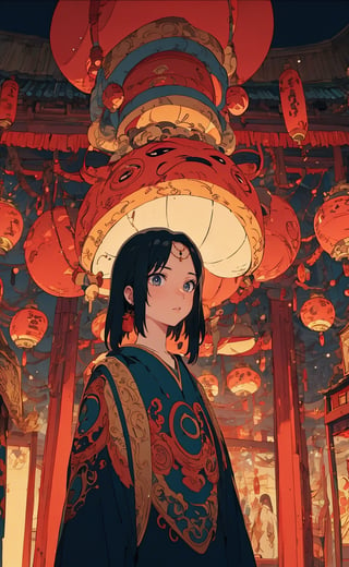 Ghibli anime style, "Spirited Away" style. A girl in a dark night market, with illuminated by warm lights. The whole atmosphere seems mysterious. (Cinematic lighting, ethereal light, intricate details, extremely detailed, incredible details, full colored), complex details, hyper maximalist, gorgeous light and shadow, detailed decoration, detailed lines. masterpiece, best quality, HDR, UHD, unreal engine. looking at the camera, fair skin, beautiful face, (beautiful eyes:1.5), perfect eyes, detailed eyes, beautiful nose, dim tones,studio ghibli style,guochao,Hayao Miyazaki style