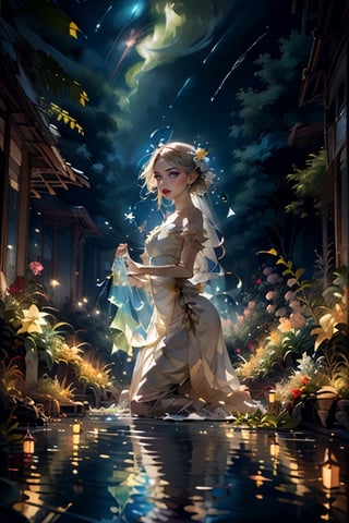 1 girl, kneeling with a slight tilt of her body, as if paying homage to the connection between the earth and the universe. Beside her lies a clear pool of water, still as a mirror, reflecting the surrounding landscape and starry sky. The woman holds two pitchers in her hands, pouring out clear water. Surrounding the girl is lush vegetation, including various plants and flowers. In the sky above, stars shine brightly, 1 girl, solo, Alfons Maria Mucha style.,portrait,renaissance,masterpiece,edgRenaissance,wearing edgRenaissance,firefliesfireflies,Rococo style