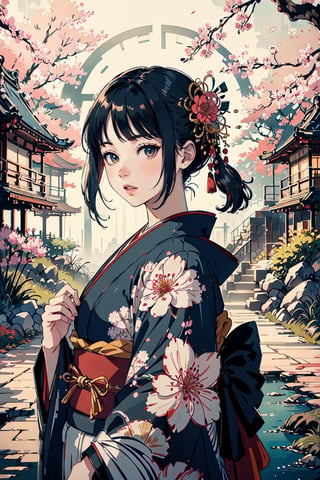 A girl, wearing kimono, Japanese traditional garden, a sakura tree, flowers, day, (Cinematic lighting, ethereal light, intricate details, extremely detailed, incredible details, full colored), complex details, hyper maximalist, gorgeous light and shadow, detailed decoration, detailed lines. masterpiece, best quality, HDR, UHD, unreal engine. looking at the camera, fair skin, beautiful face,A Traditional Japanese Art