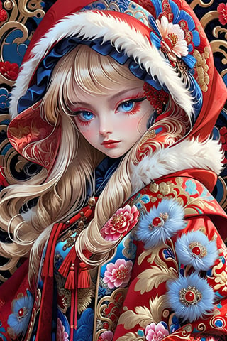 1 seductive, mature woman with blonde hair, and blue eyes, with detailed ornate fur hooded kimono, red hooded kimono, miniskirt, fantasypunk. She is noble and elegant, just like a blooming peony.(masterpiece, top quality, best quality, official art, beautiful and aesthetic:1.2), (1girl:1.4), portrait, extreme detailed, (fractal art:1.12), (colorful:1.1), highest detailed, (aristocracy:1.1),scenery, full_body ,Flat vector art, Cyberpunk Fantasy